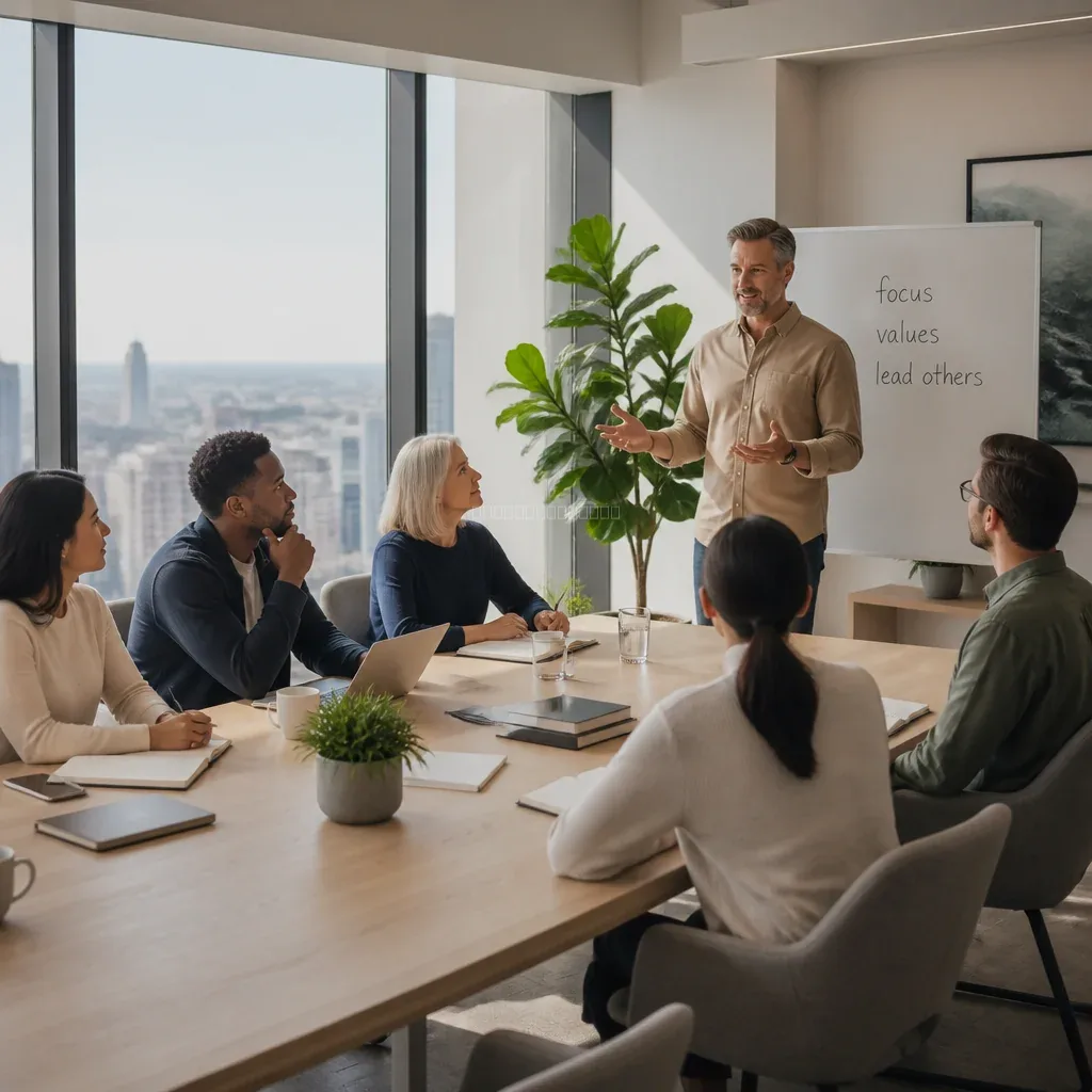Executive in contemplative practice overlooking alpine landscape